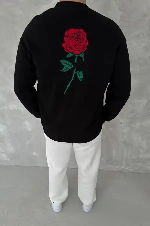 ERKEK 3 iplik Pamuklu Bisiklet Yaka Ön Ve Arka Baskılı SweatShirt - Siyah