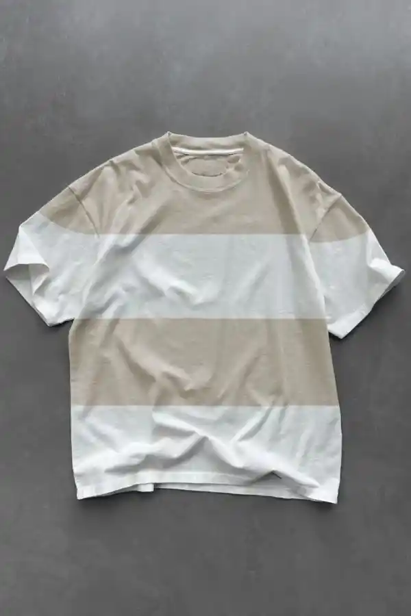 Erkek  Kısa kol  Bisiklet Yaka Parçalı T-Shirt - Bej