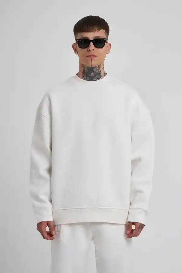 ERKEK Bisikilet Yaka 3 plik Pamuklu SweatShirt - Beyaz