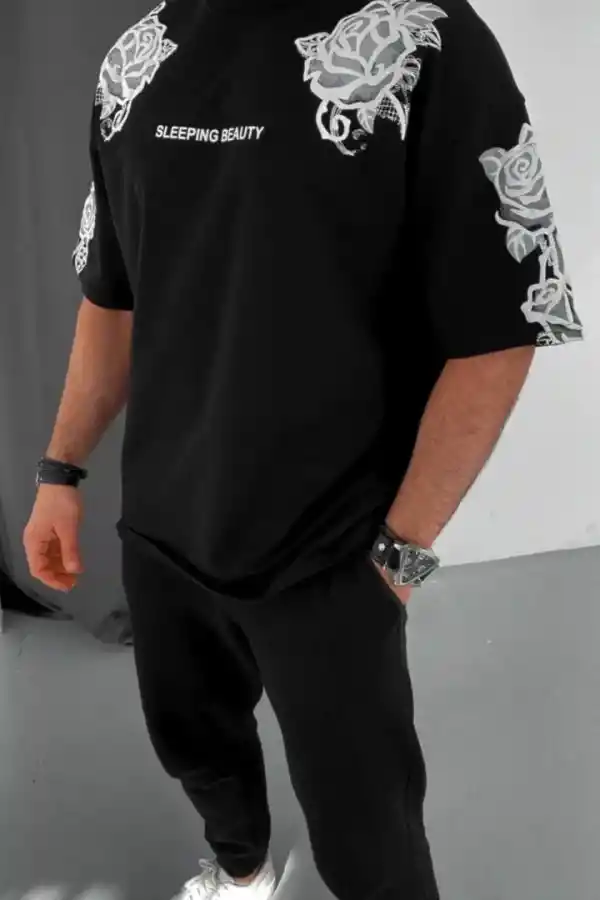 Erkek Kısa Kol Yazlık Tişört Bisiklet Yaka Baskılı Oversize T-Shirt - Siyah