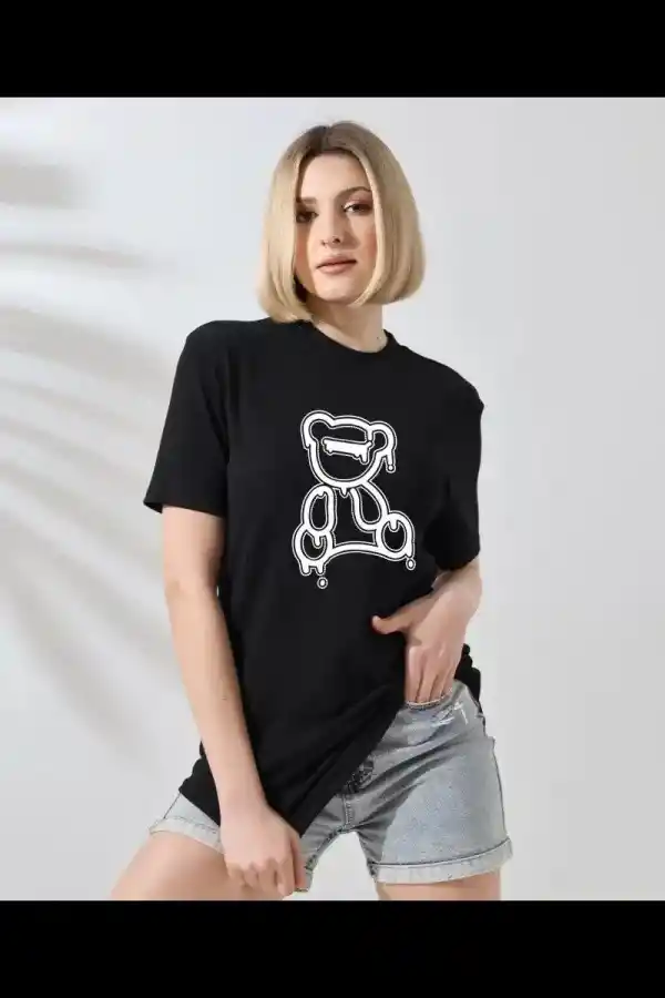 Kadın Bisiklet Yaka Baskılı  Kısa kol T-Shirt - Siyah