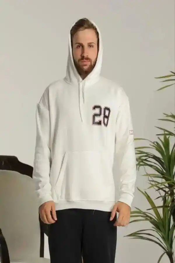 Erkek 3 İplik Pamuklu Kapüşonlu Baskılı Cepli Oversize Sweatshirt Hoodie - Beyaz