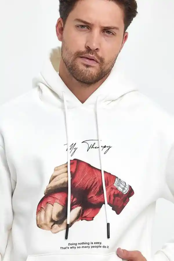 Erkek 3 İplik Pamuklu Kapüşonlu Cepli Box Eldiven Baskılı Hoodie Sweatshirt - Beyaz