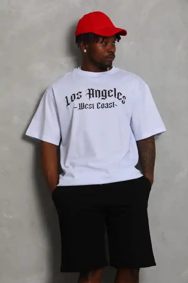 Erkek Kısa Kol Tişört Bisiklet Yaka KANAT Baskılı Oversize T-Shirt - Beyaz