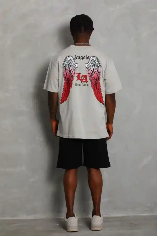 Erkek Baskılı Tişört Kısa Kol Bisiklet Yaka Oversize T-Shirt - Gri