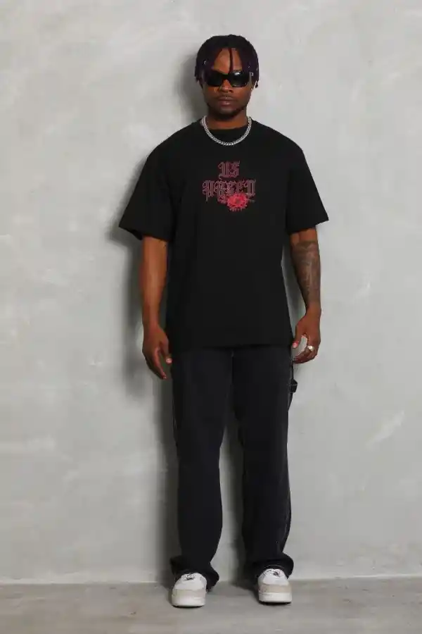 Erkek Baskılı Tişört Kısa Kol Bisiklet Yaka Oversize T-Shirt - Siyah
