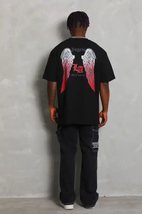 Erkek Baskılı Tişört Kısa Kol Bisiklet Yaka Oversize T-Shirt - Siyah