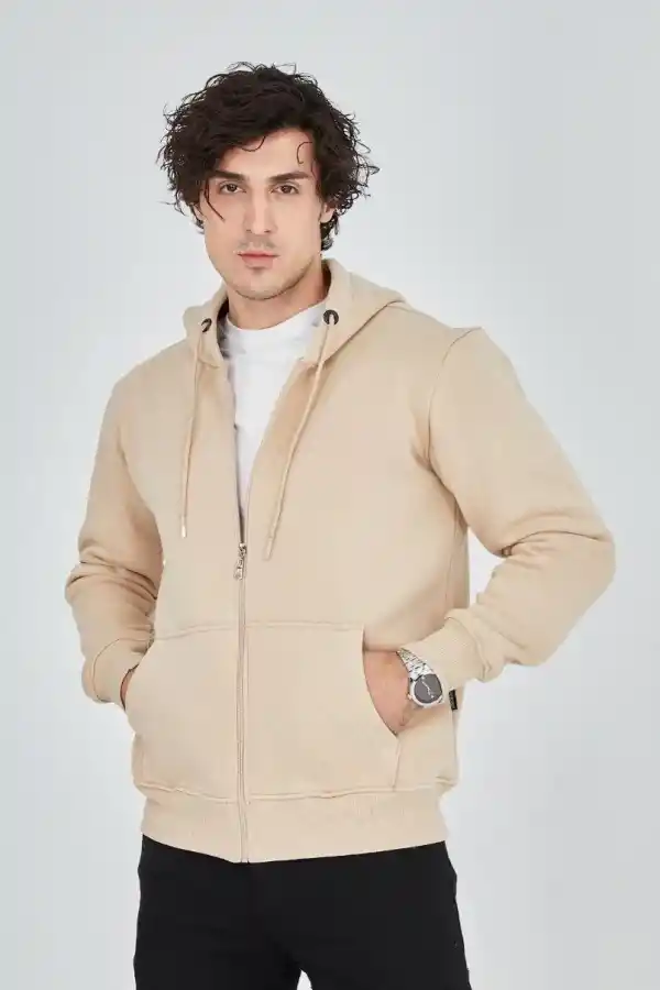 Erkek 3 İplik Pamuklu Kapüşonlu Tam Fermuarlı Cepli Hoodie Sweatshirt - Bej