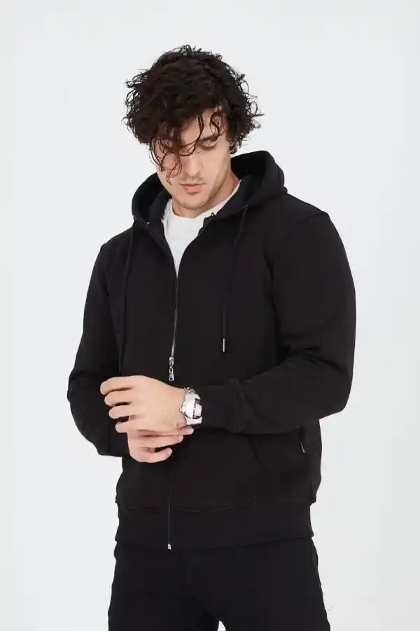 Erkek 3 İplik Pamuklu Kapüşonlu Tam Fermuarlı Cepli Hoodie Sweatshirt - Siyah