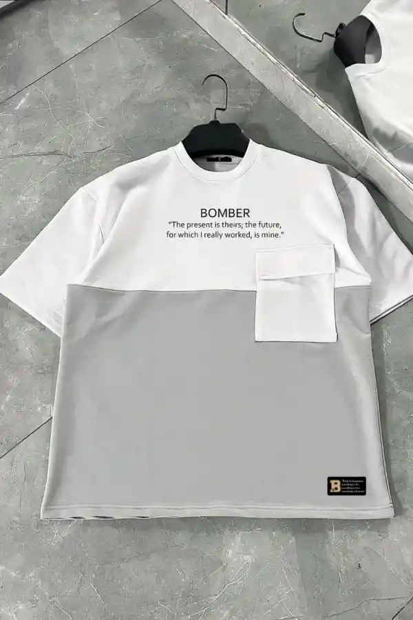 ERKEK Tişört Torba Cepli Parçalı Kısa Kol T-Shirt - Gri