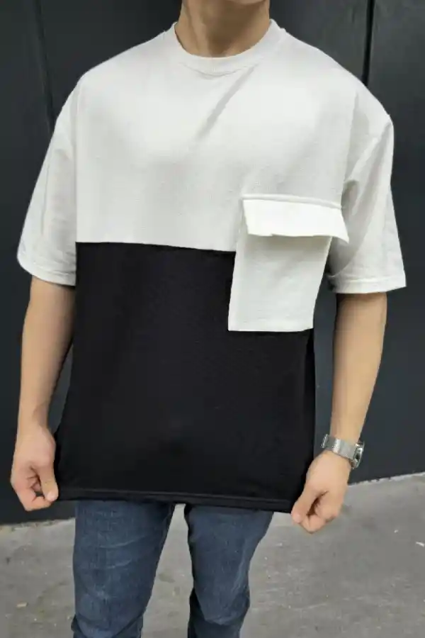 Erkek Kısa Kol Yazlık Tişört Torba Cepli Parçalı T-Shirt - Siyah
