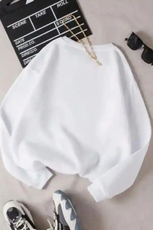 Kadın 3 İplik Pamuklu Bisikilet Yaka SweatShirt - Beyaz