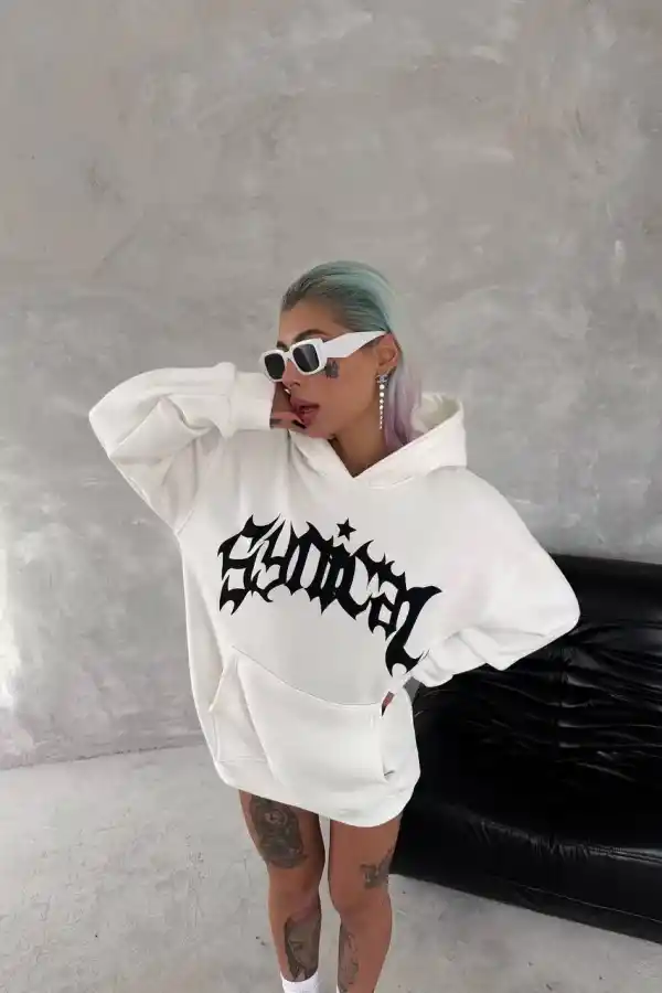Kadın Oversize Kapüşonlu Cepli Baskılı 3 İplik Pamuklu Hoodie Sweatshirt - Beyaz