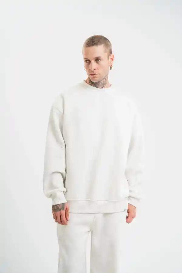 ERKEK 3 İplik Pamuklu Bisiklet Yaka Yıkamalı SweatShirt - Beyaz
