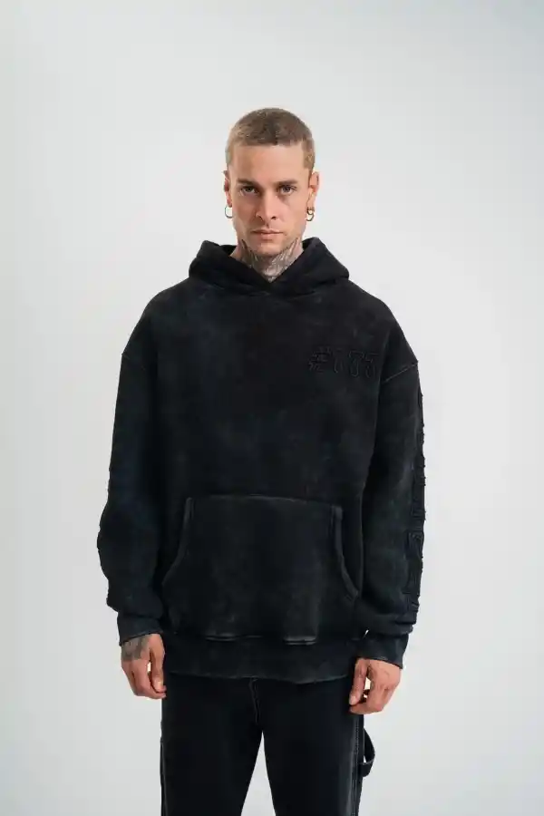 ERKEK 3 iplik Pamuklu Kapüşonlu Yıkamalı Nakışlı Hoodie SweatShirt - Siyah