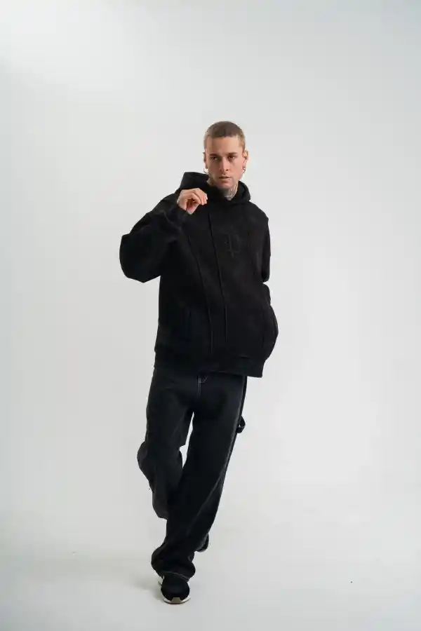 ERKEK 3 iplik Pamuklu Kapüşonlu Yıkamalı Nakışlı Hoodie SweatShirt - Siyah