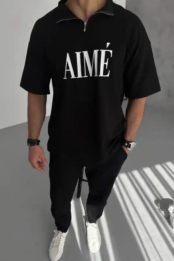 ERKEK Tişört Yakalı Yarım Fermuarlı  Kısa Kol Baskılı T-Shirt - Siyah