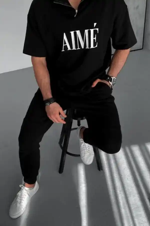 ERKEK Tişört Yakalı Yarım Fermuarlı  Kısa Kol Baskılı T-Shirt - Siyah