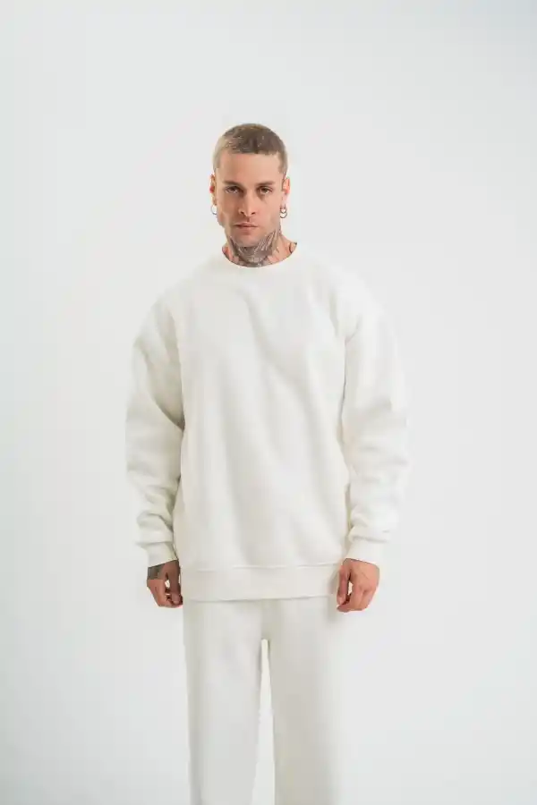 Erkek Uzun Kol Bisiklet Yaka 3 iplik Pamuklu Kışlık SweatShirt  - Beyaz