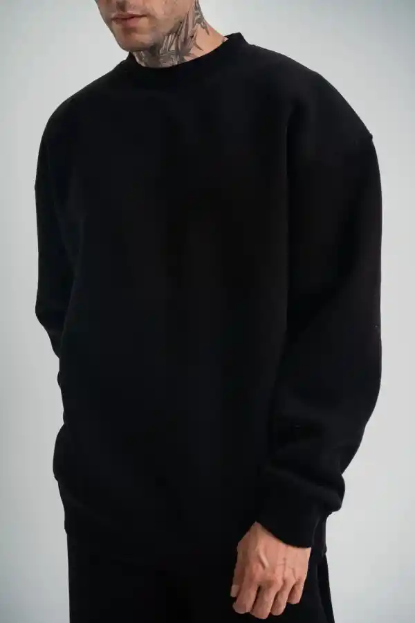 Erkek Uzun Kol Bisiklet Yaka 3 iplik Pamuklu Kışlık SweatShirt - Siyah