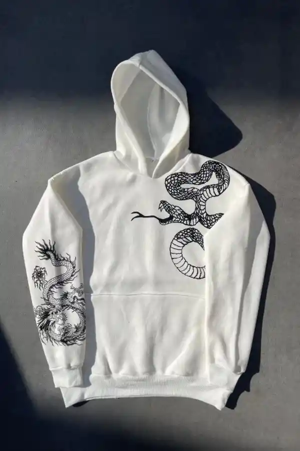 Kadın Oversize Kapüşonlu Kanguru Cepli Baskılı 3 İplik Pamuklu Sweatshirt Hoodie -   Beyaz