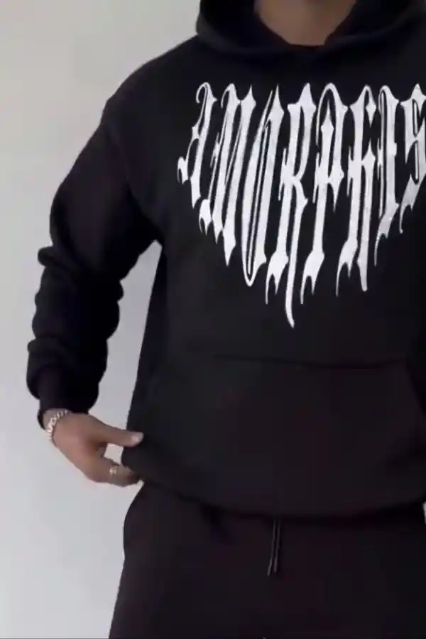 Erkek Kapüşonlu Kanguru Cepli Sweatshirt 3 İplik Pamuklu Baskılı Hoodie -  Siyah