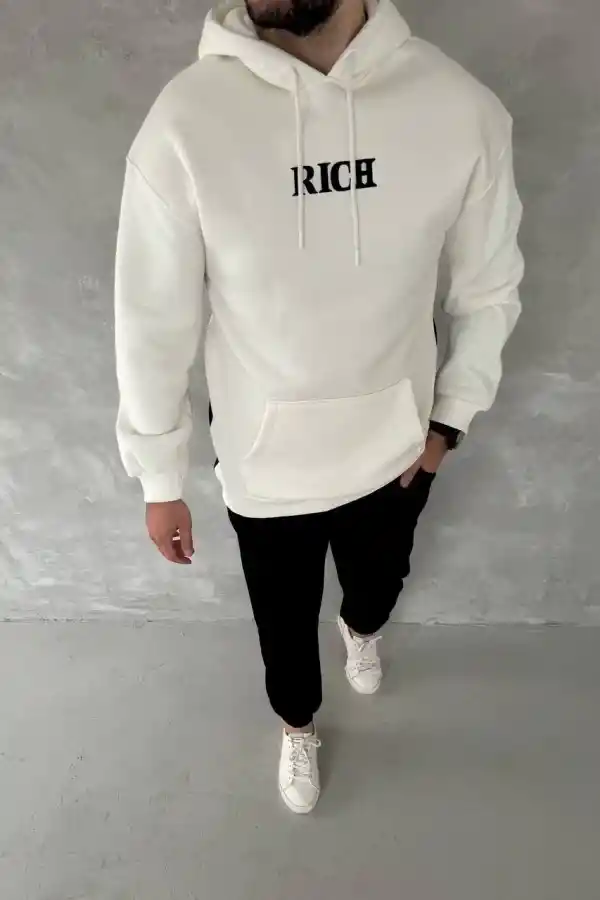 Erkek Kapüşonlu Kanguru Cepli Sweatshirt 3 İplik Pamuklu Baskılı Hoodie -  Beyaz