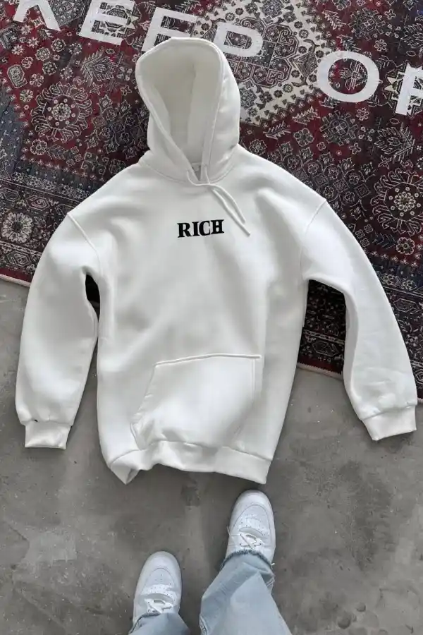 Erkek Kapüşonlu Kanguru Cepli Sweatshirt 3 İplik Pamuklu Baskılı Hoodie -  Beyaz
