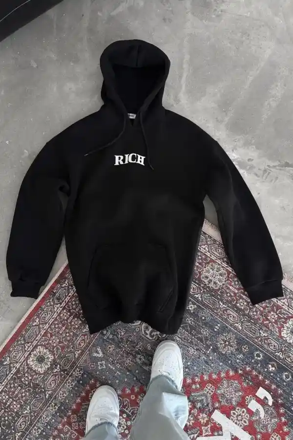 Erkek Kapüşonlu Kanguru Cepli Sweatshirt 3 İplik Pamuklu Baskılı Hoodie -  Siyah