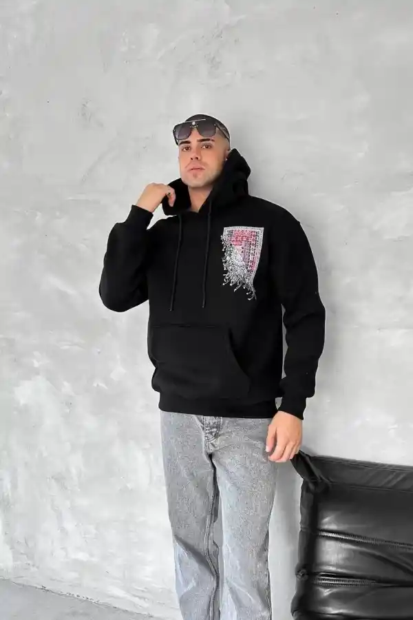 Erkek Kapüşonlu Kanguru Cepli Sweatshirt 3 İplik Pamuklu Baskılı Hoodie - Siyah