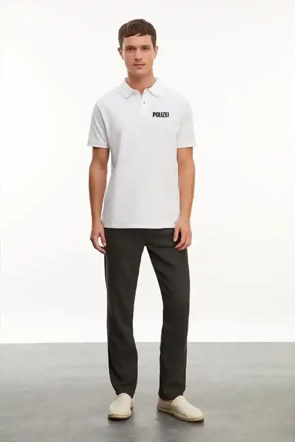 Erkek Polo Yaka Düğmeli Tişört Pike Baskılı T-Shirt - Beyaz