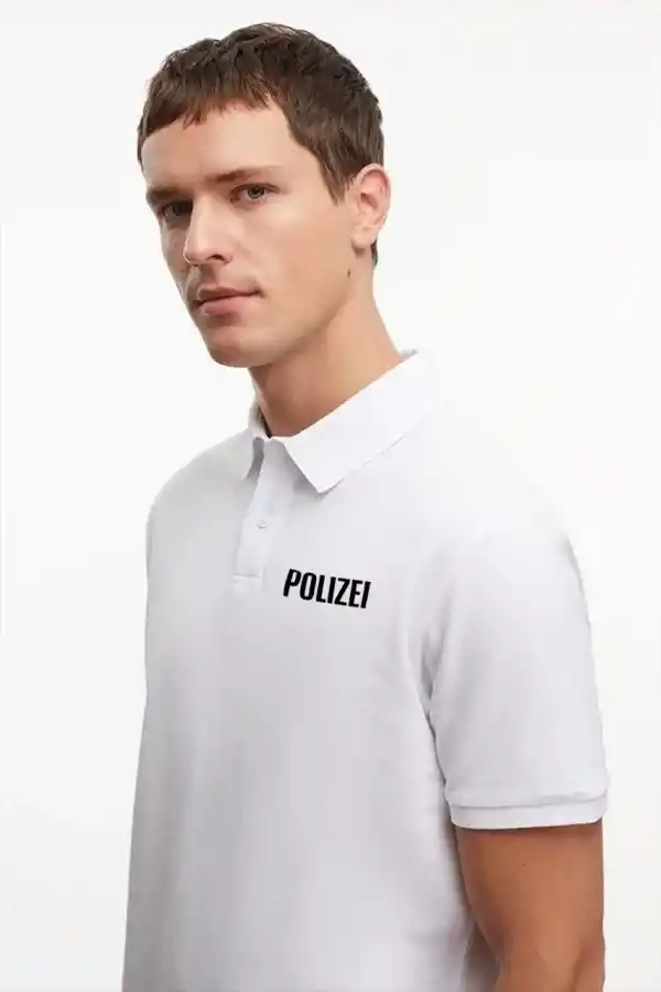 Erkek Polo Yaka Düğmeli Tişört Pike Baskılı T-Shirt - Beyaz