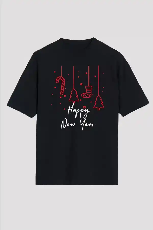 Yılbaşı Happy New Year Baskılı Kısa Kollu Oversize Bisiklet Yaka T-shirt - Siyah