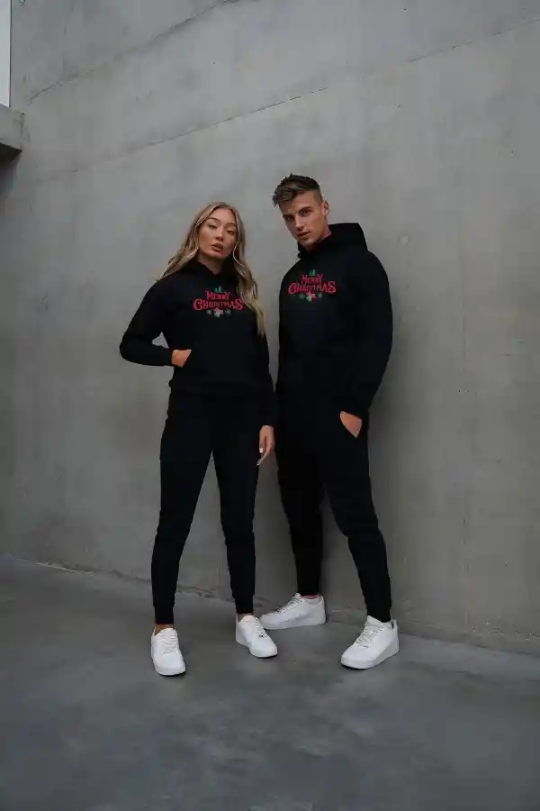Yılbaşı Merry Christmas Baskılı Oversize Kapüşonlu Sweatshirt Hoodie - Siyah