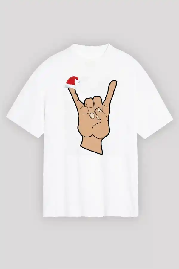 Yılbaşı Noel Başlıklı Serçe Parmak Baskılı Oversize Bisiklet Yaka T-shirt - Beyaz