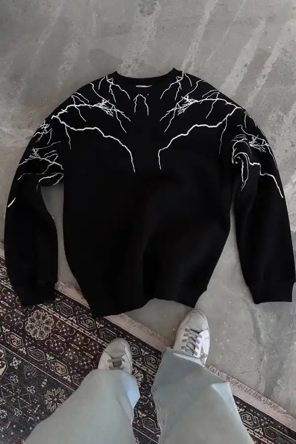 Erkek 3 iplik pamuklu Yıldırım Baskılı Bisiklet Yaka SweatShirt - Siyah