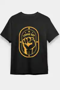 1 Mayıs Labor Day Emekçi Temalı Baskılı Oversize Bisiklet Yaka T-shirt - Siyah