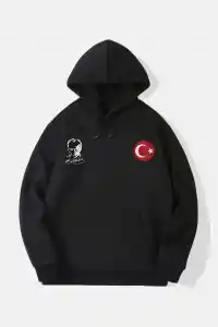 10 Kasıma Özel 3 İplik Kapüşonlu Baskılı SweatShirt Hoodie - Siyah