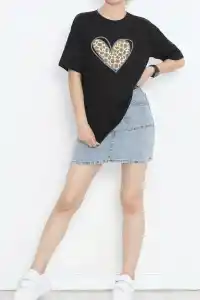 14 Şubat Sevgililer Günü Leopar Kalp Baskılı Oversize Bisiklet Yaka T-shirt - Siyah