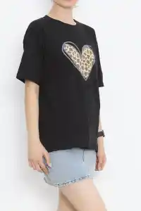 14 Şubat Sevgililer Günü Leopar Kalp Baskılı Oversize Bisiklet Yaka T-shirt - Siyah