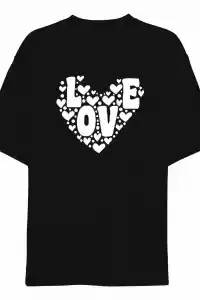 14 Şubat Sevgililer Günü Love Kalp Baskılı Oversize Bisiklet Yaka T-shirt - Siyah