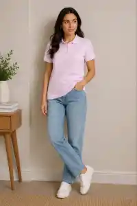 2li Kadın Polo Yaka Pike Kumaş Düğmeli Basic Tişört Günlük Rahat Kesim - Beyaz, Pembe