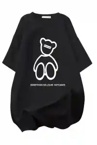 Kadın Tişört Penye Compack Baskılı Oversize Bisiklet Yaka T-shirt - Siyah