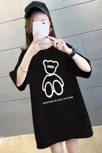 Kadın Tişört Penye Compack Baskılı Oversize Bisiklet Yaka T-shirt - Siyah