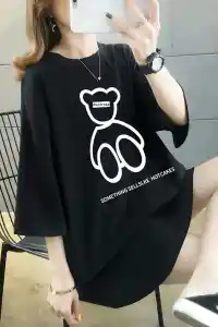 Kadın Tişört Penye Compack Baskılı Oversize Bisiklet Yaka T-shirt - Siyah