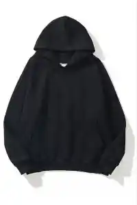 Kadın Kapüşonlu Kanguru Cepli 3 İplik Pamuklu Düz Hoodie Sweatshirt - Siyah