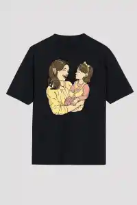 Anneler Günü Hediye Anne Kız Temalı Baskılı Oversize Bisiklet Yaka T-shirt - Siyah