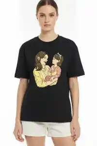 Anneler Günü Hediye Anne Kız Temalı Baskılı Oversize Bisiklet Yaka T-shirt - Siyah