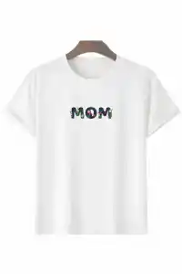 Anneler Günü Hediye Mom Çiçek Baskılı Oversize Bisiklet Yaka T-shirt - Beyaz