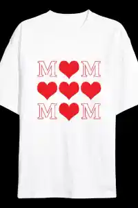 Anneler Günü Hediye MOM Kalp Baskılı Oversize Bisiklet Yaka T-shirt - Beyaz